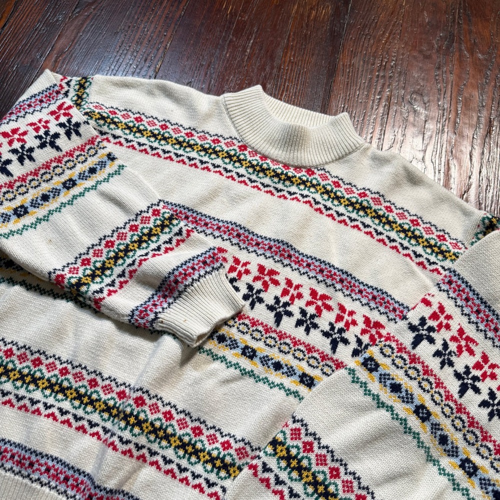Vintage 90s Charter Club Sweater Women XL Cream Fair Isle Mock Neck Cotton